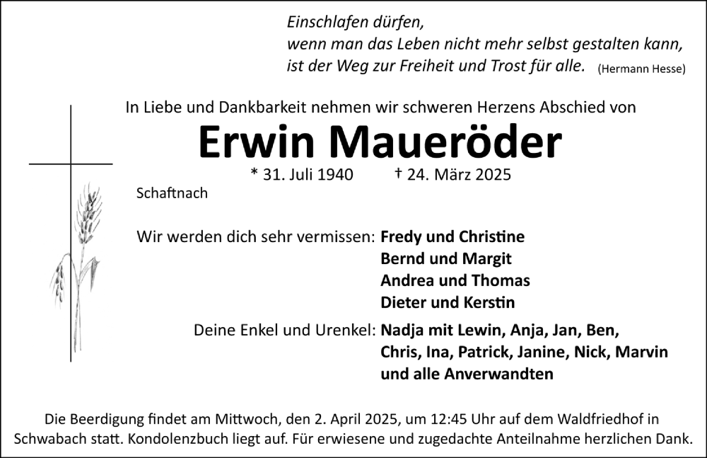  Traueranzeige für Erwin Maueröder vom 29.03.2025 aus Schwabacher Tagblatt Lokal