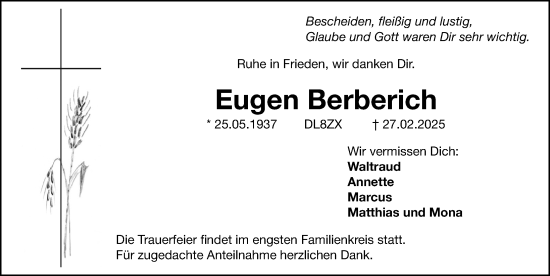 Traueranzeige von Eugen Berberich von Gesamtausgabe Nürnberger Nachrichten/ Nürnberger Ztg.