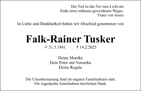 Traueranzeige von Falk-Rainer Tusker von Erlanger Nachrichten Lokal