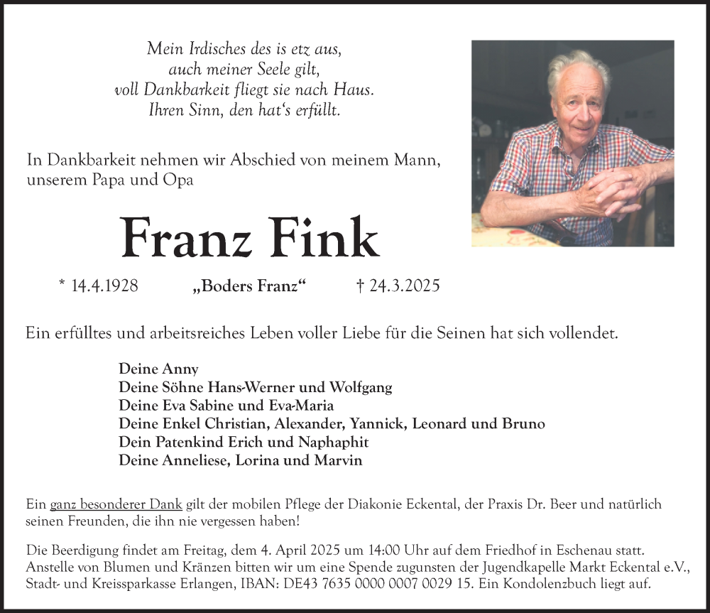  Traueranzeige für Franz Fink vom 29.03.2025 aus Gesamtausgabe Nürnberger Nachrichten/ Nürnberger Ztg.