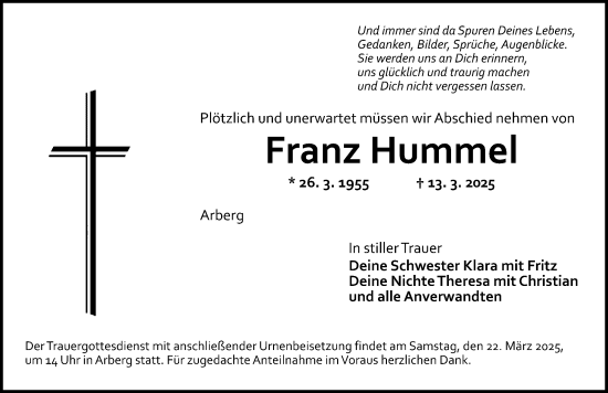 Traueranzeige von Franz Hummel von Altmühl-Bote Lokal