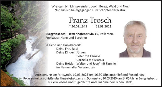 Traueranzeige von Franz Trosch von Gesamtausgabe Nürnberger Nachrichten/ Nürnberger Ztg.