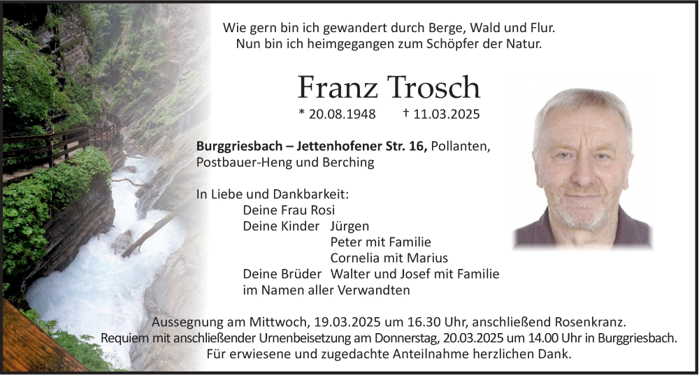  Traueranzeige für Franz Trosch vom 18.03.2025 aus Gesamtausgabe Nürnberger Nachrichten/ Nürnberger Ztg.