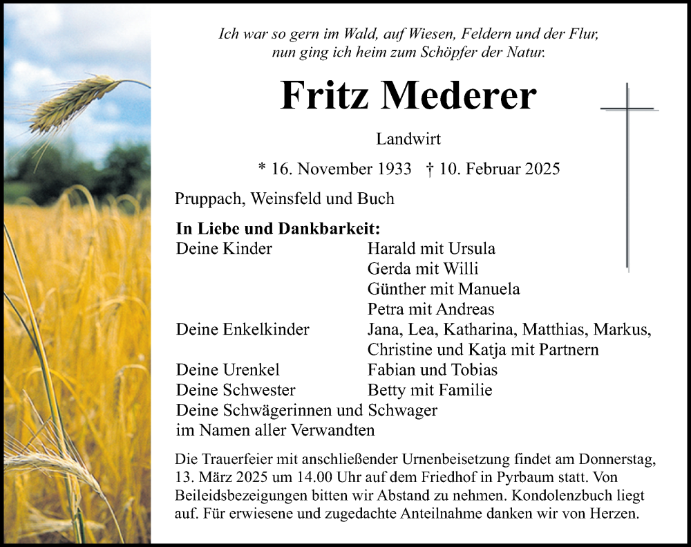  Traueranzeige für Fritz Mederer vom 10.03.2025 aus Neumarkter Nachrichten Lokal
