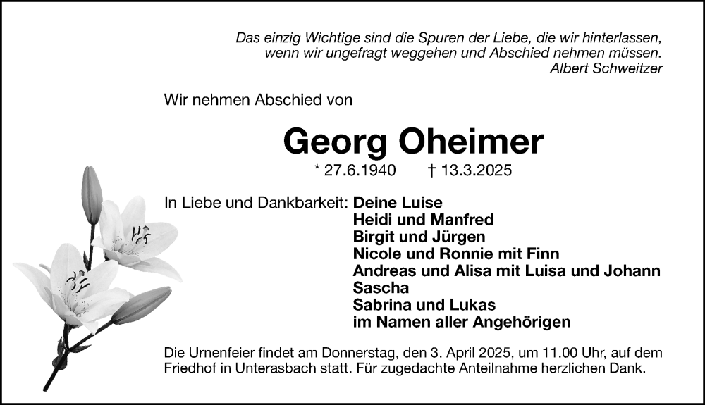  Traueranzeige für Georg Oheimer vom 29.03.2025 aus Gesamtausgabe Nürnberger Nachrichten/ Nürnberger Ztg.