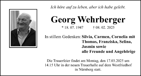 Traueranzeige von Georg Wehrberger von Gesamtausgabe Nürnberger Nachrichten/ Nürnberger Ztg.