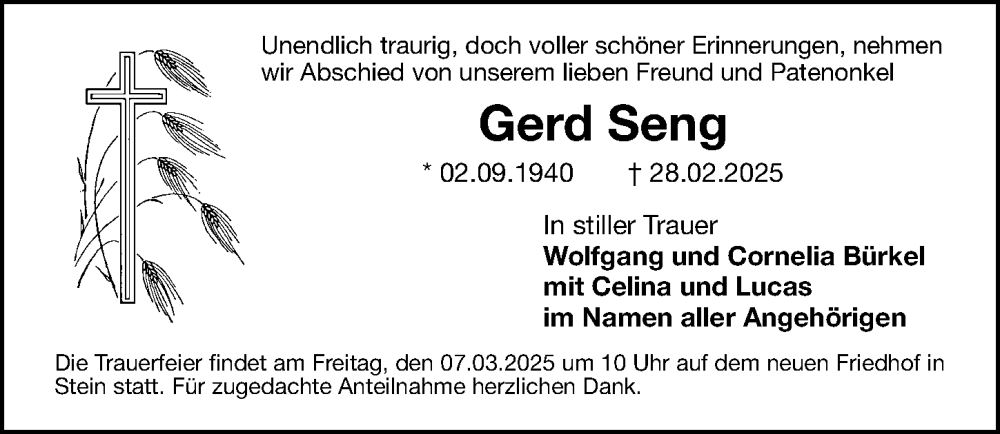  Traueranzeige für Gerd Seng vom 05.03.2025 aus Gesamtausgabe Nürnberger Nachrichten/ Nürnberger Ztg.