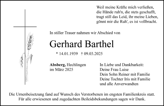Traueranzeige von Gerhard Barthel von Altmühl-Bote Lokal