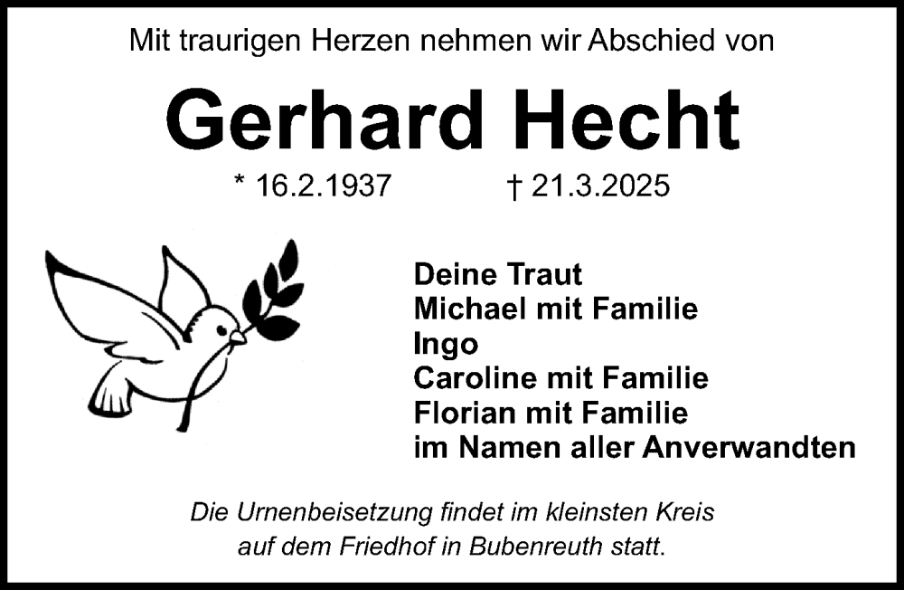 Traueranzeige für Gerhard Hecht vom 29.03.2025 aus Erlanger Nachrichten Lokal