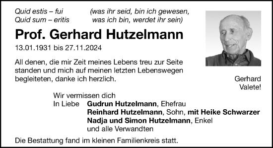 Traueranzeige von Gerhard Hutzelmann von Gesamtausgabe Nürnberger Nachrichten/ Nürnberger Ztg.