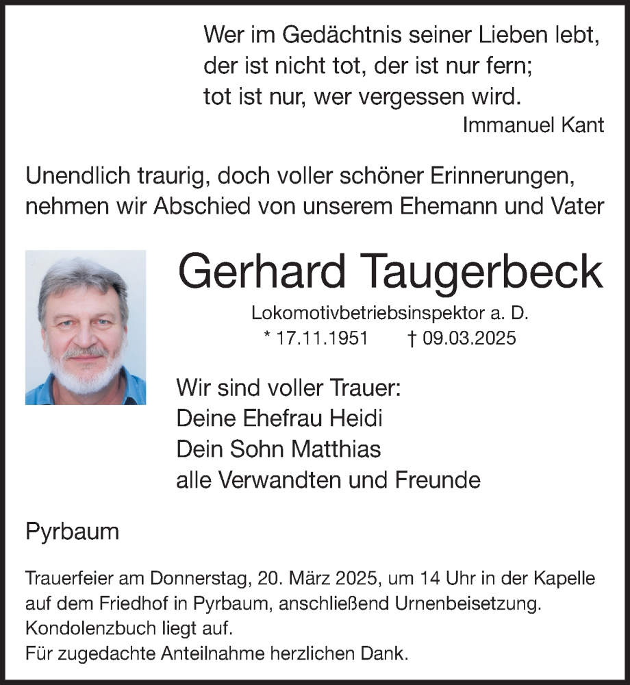  Traueranzeige für Gerhard Taugerbeck vom 15.03.2025 aus Neumarkter Nachrichten Lokal