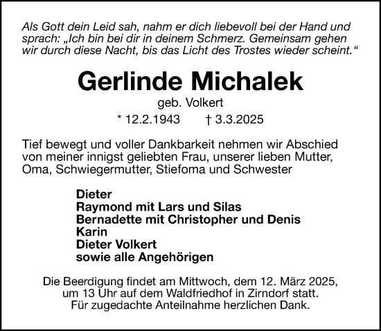 Traueranzeige von Gerlinde Michalek von Gesamtausgabe Nürnberger Nachrichten/ Nürnberger Ztg.