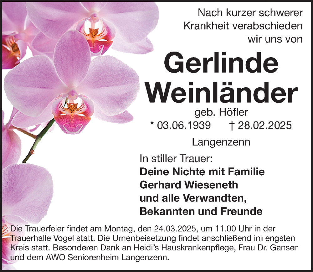  Traueranzeige für Gerlinde Weinländer vom 22.03.2025 aus Fürther Nachrichten Lokal