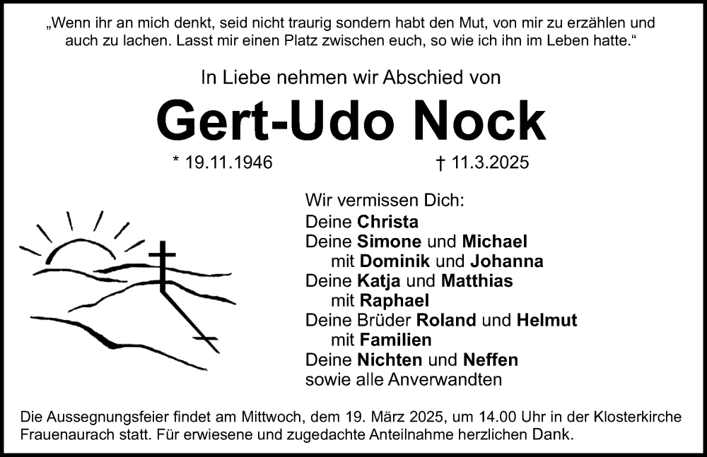  Traueranzeige für Gert-Udo Nock vom 15.03.2025 aus Erlanger Nachrichten/ Fürther Nachrichten