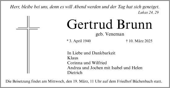 Traueranzeige von Gertrud Brunn von Erlanger Nachrichten Lokal