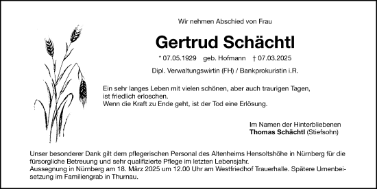 Traueranzeige von Gertrud Schächtl von Gesamtausgabe Nürnberger Nachrichten/ Nürnberger Ztg.