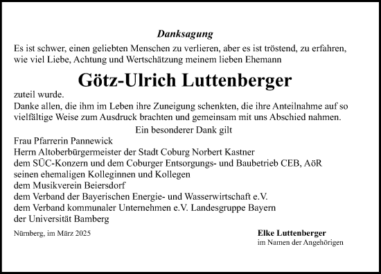 Traueranzeige von Götz-Ulrich Luttenberger von Gesamtausgabe Nürnberger Nachrichten/ Nürnberger Ztg.