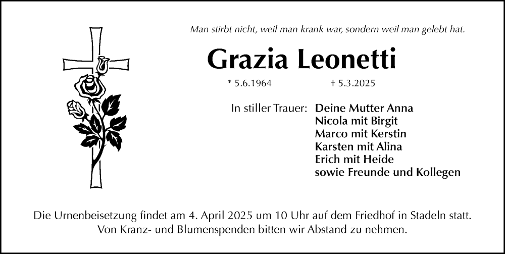  Traueranzeige für Grazia Leonetti vom 29.03.2025 aus Gesamtausgabe Nürnberger Nachrichten/ Nürnberger Ztg./ Fürther Nachrichten