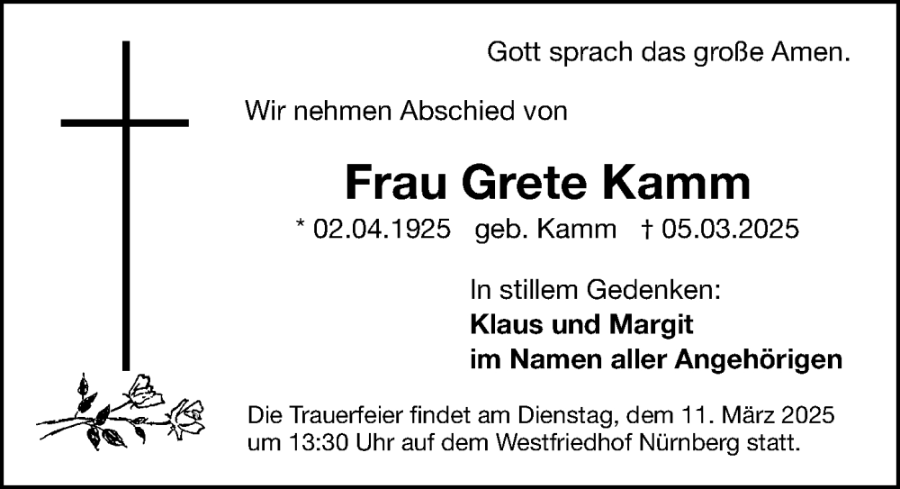  Traueranzeige für Grete Kamm vom 08.03.2025 aus Gesamtausgabe Nürnberger Nachrichten/ Nürnberger Ztg.