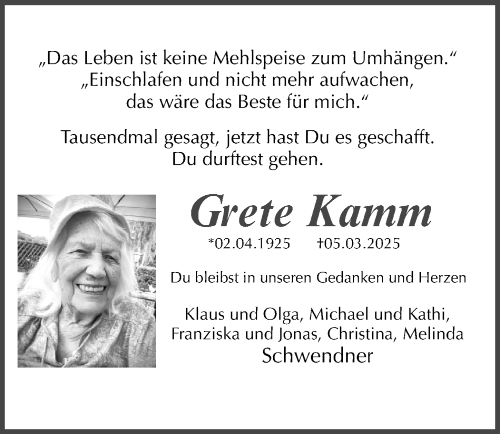  Traueranzeige für Grete Kamm vom 08.03.2025 aus Gesamtausgabe Nürnberger Nachrichten/ Nürnberger Ztg.