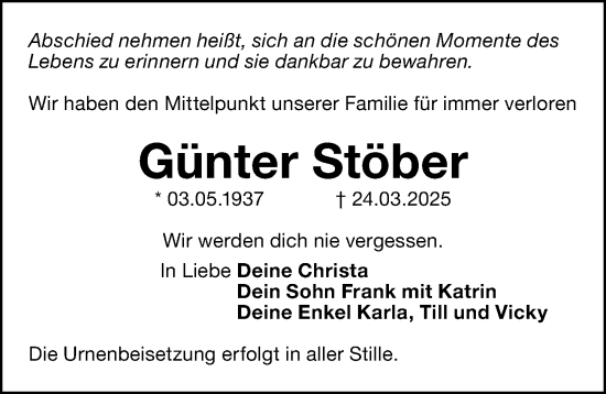 Traueranzeige von Günter Stöber von Gesamtausgabe Nürnberger Nachrichten/ Nürnberger Ztg.
