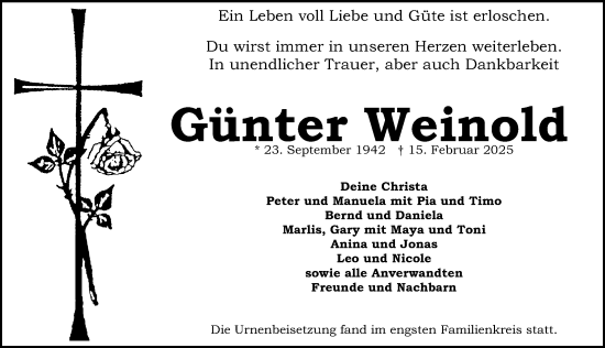 Traueranzeige von Günter Weinold von Gesamtausgabe Nürnberger Nachrichten/ Nürnberger Ztg.