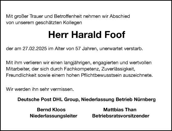 Traueranzeige von Harald Foof von Gesamtausgabe Nürnberger Nachrichten/ Nürnberger Ztg.