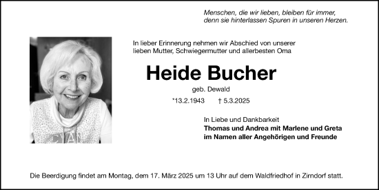 Traueranzeige von Heide Bucher von Fürther Nachrichten Lokal
