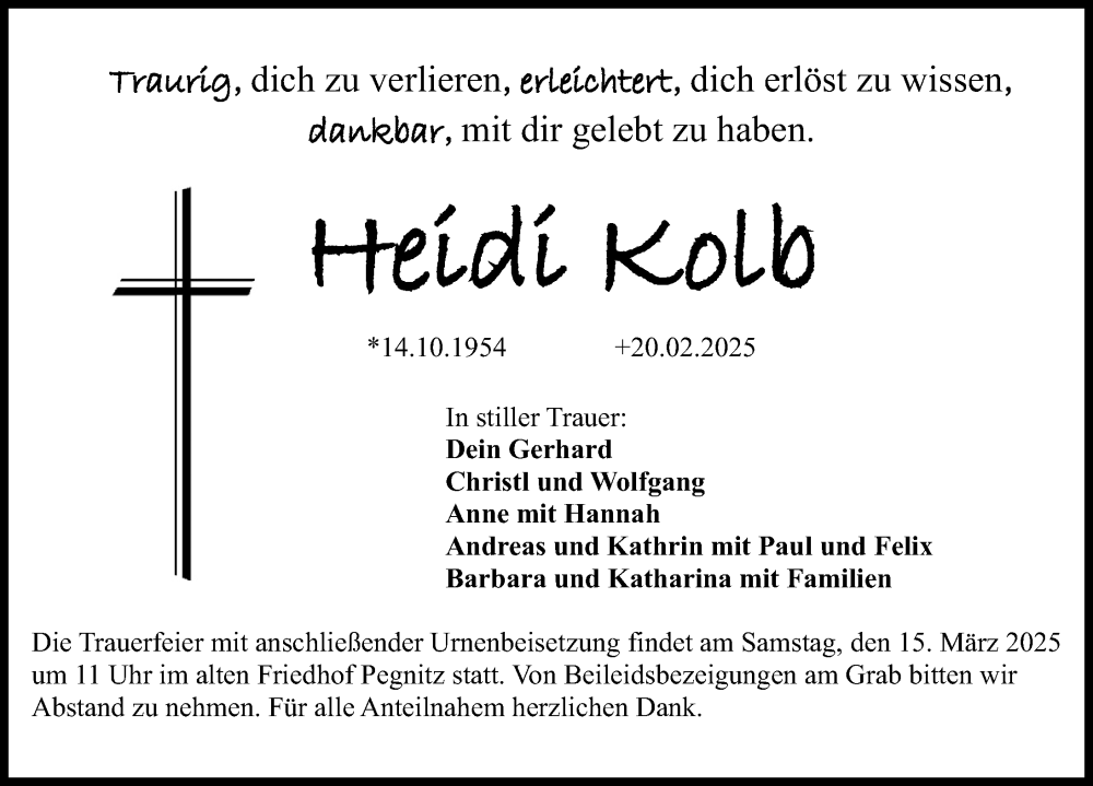  Traueranzeige für Heidi Kolb vom 08.03.2025 aus Nordbayerische Nachrichten Pegnitz Lokal