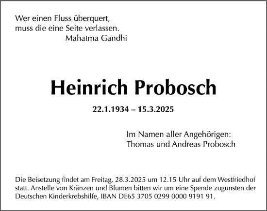 Traueranzeige von Heinrich Probosch von Gesamtausgabe Nürnberger Nachrichten/ Nürnberger Ztg.