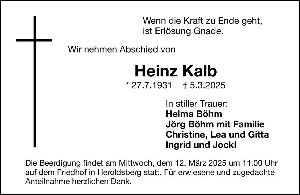  Traueranzeige für Heinz Kalb vom 08.03.2025 aus Gesamtausgabe Nürnberger Nachrichten/ Nürnberger Ztg.
