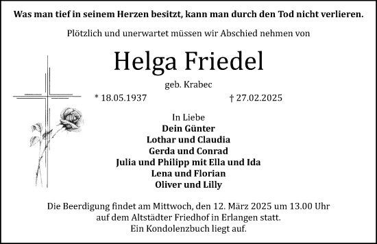 Traueranzeige von Helga Friedel von Erlanger Nachrichten Lokal