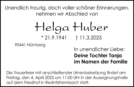 Traueranzeige von Helga Huber von Gesamtausgabe Nürnberger Nachrichten/ Nürnberger Ztg.