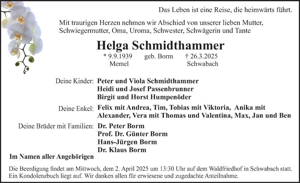  Traueranzeige für Helga Schmidthammer vom 29.03.2025 aus Gesamtausgabe Nürnberger Nachrichten/ Nürnberger Ztg.