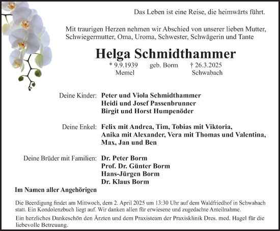 Traueranzeige von Helga Schmidthammer von Schwabacher Tagblatt Lokal