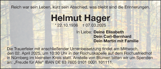 Traueranzeige von Helmut Hager von Gesamtausgabe Nürnberger Nachrichten/ Nürnberger Ztg.