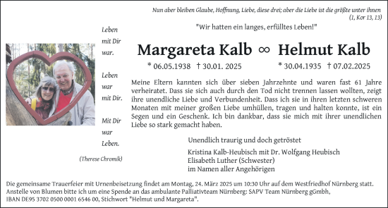 Traueranzeige von Helmut Kalb von Gesamtausgabe Nürnberger Nachrichten/ Nürnberger Ztg.