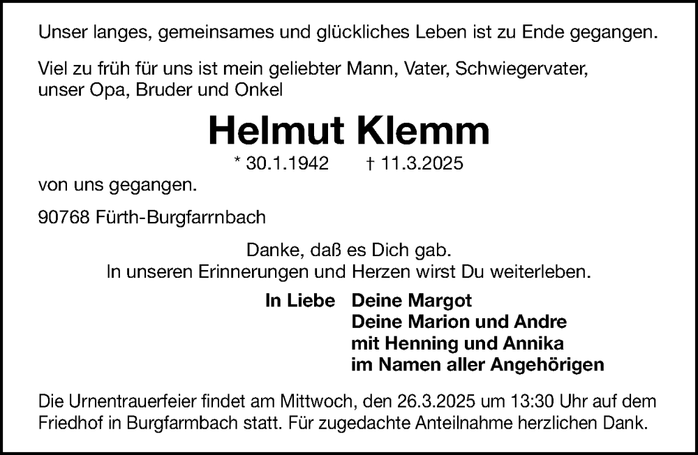  Traueranzeige für Helmut Klemm vom 22.03.2025 aus Fürther Nachrichten Lokal