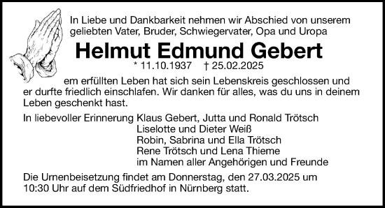 Traueranzeige von Helmut Edmund Gebert von Gesamtausgabe Nürnberger Nachrichten/ Nürnberger Ztg.