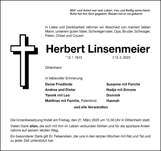 Traueranzeige von Herbert Linsenmeier von Altmühl-Bote Lokal
