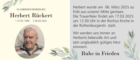 Traueranzeige von Herbert Rückert von Gesamtausgabe Nürnberger Nachrichten/ Nürnberger Ztg.