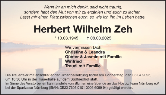 Traueranzeige von Herbert Wilhelm Zeh von Gesamtausgabe Nürnberger Nachrichten/ Nürnberger Ztg.