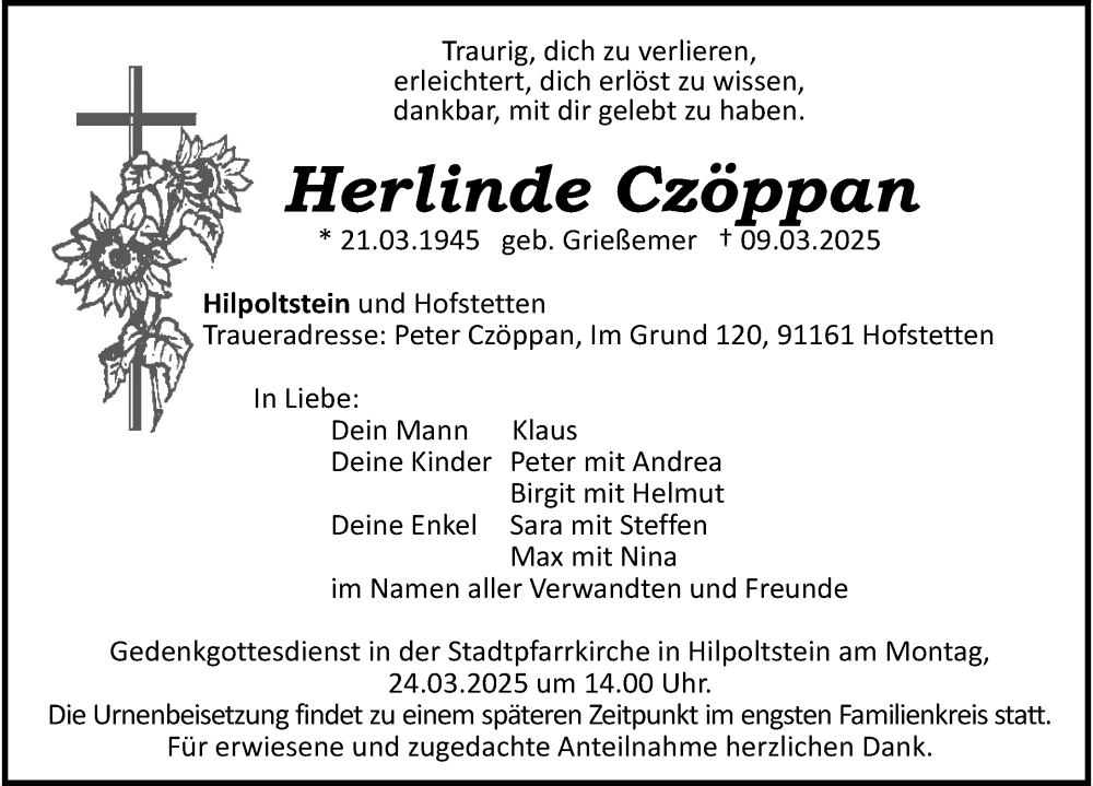  Traueranzeige für Herlinde Czöppan vom 21.03.2025 aus Roth-Hilpoltsteiner Volkszeitung Lokal