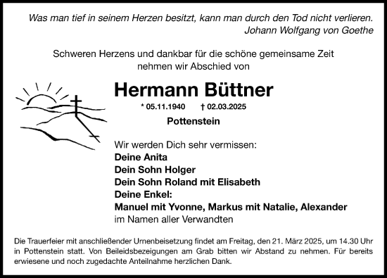 Traueranzeige von Hermann Büttner von Nordbayerische Nachrichten Pegnitz Lokal