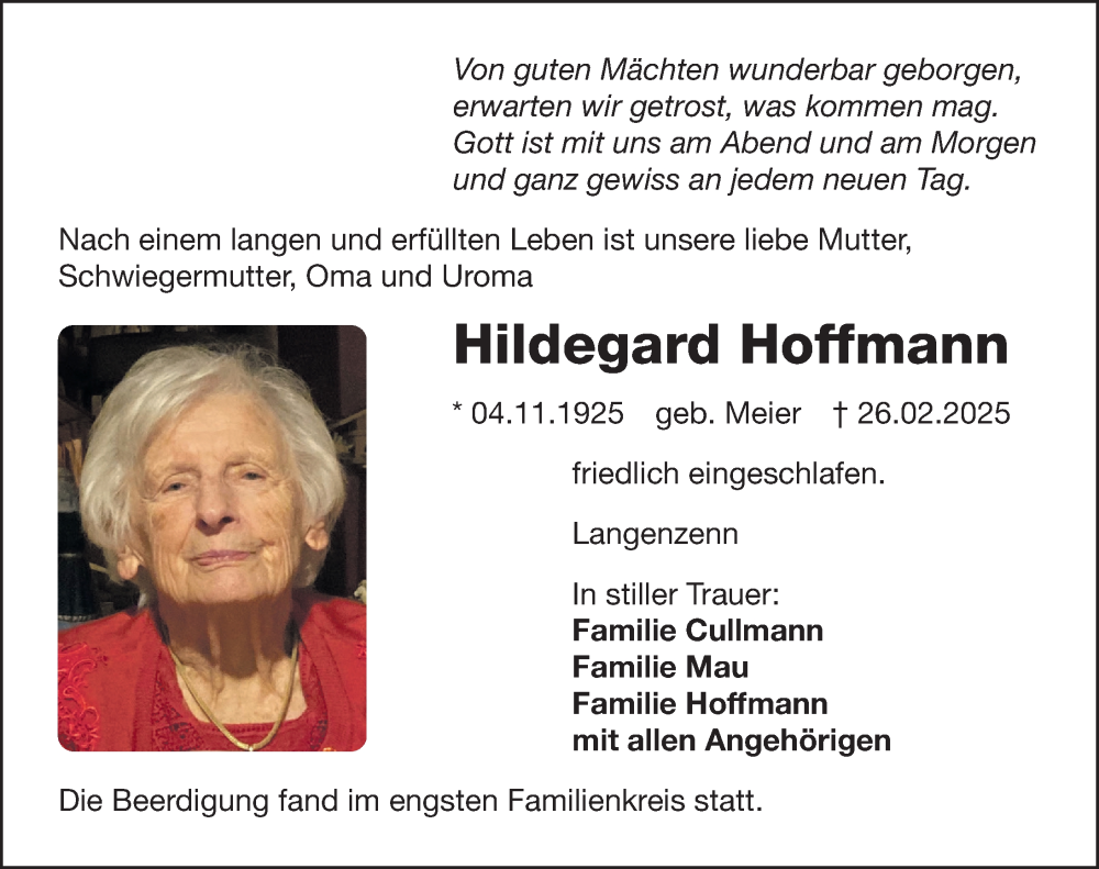  Traueranzeige für Hildegard Hoffmann vom 07.03.2025 aus Fürther Nachrichten Lokal