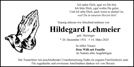 Traueranzeige von Hildegard Lehmeier von Weißenburger Tagblatt u.Treuchtlinger Kurier Lokal