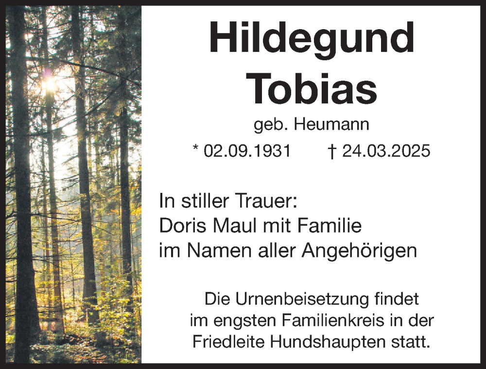  Traueranzeige für Hildegund Tobias vom 29.03.2025 aus Nordbayerische Nachrichten Forchheim Lokal