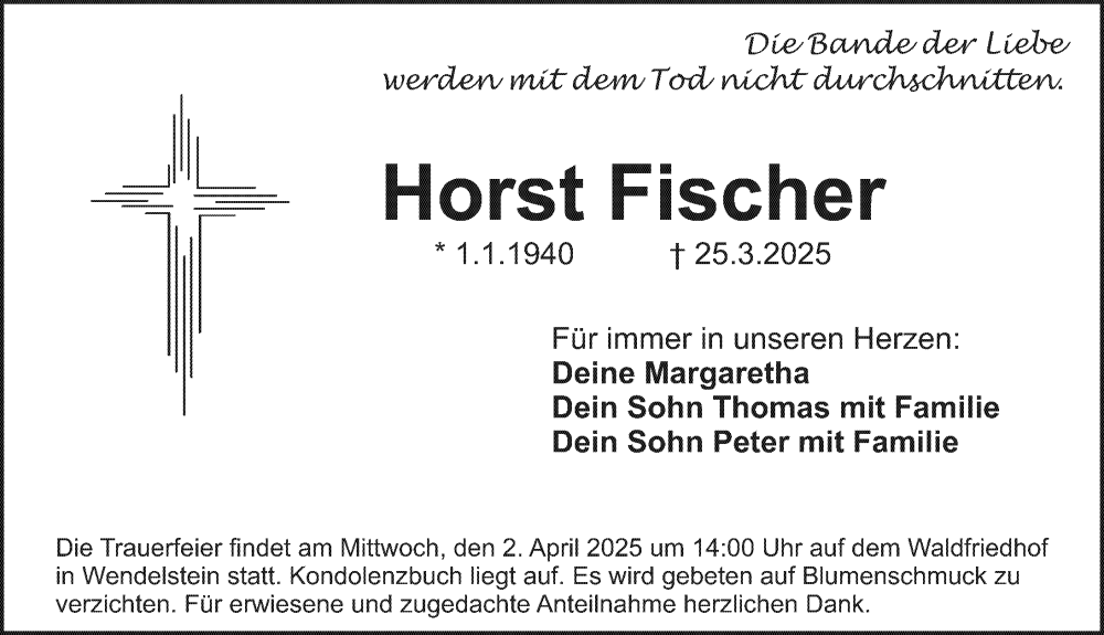  Traueranzeige für Horst Fischer vom 29.03.2025 aus Schwabacher Tagblatt Lokal
