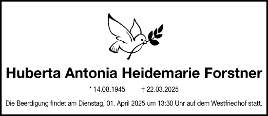 Traueranzeige von Huberta Antonia Heidemarie Forstner von Gesamtausgabe Nürnberger Nachrichten/ Nürnberger Ztg.