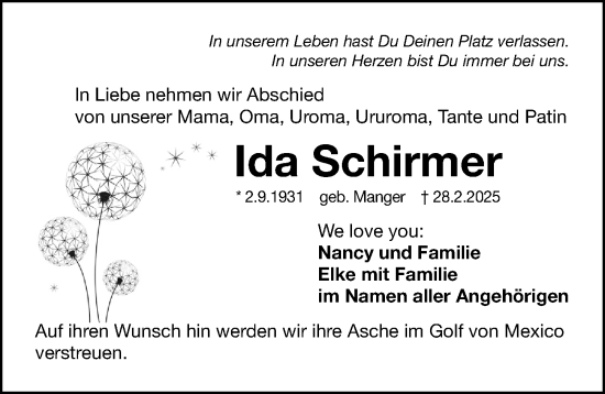 Traueranzeige von Ida Schirmer von Gesamtausgabe Nürnberger Nachrichten/ Nürnberger Ztg.